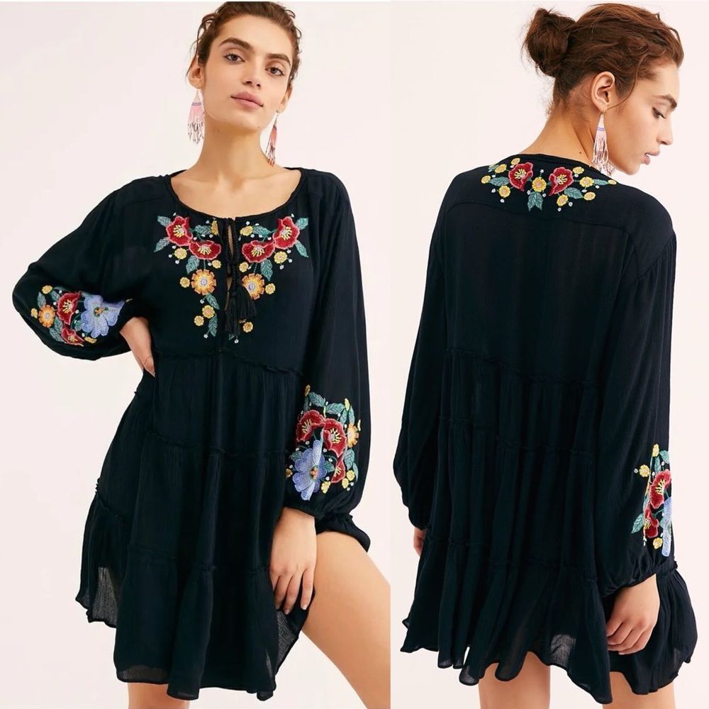 Free People Black Floral Embroidered Mini Dress